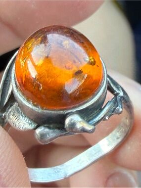 925 Silver Ring with Amber Cabochon - Orange Gemstone